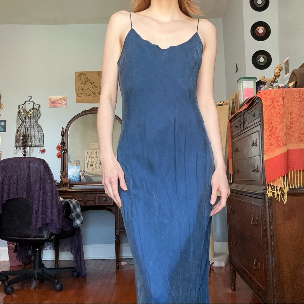 J Crew Gwyneth Cupro-Blend Silky Navy Blue Slip Maxi Dress